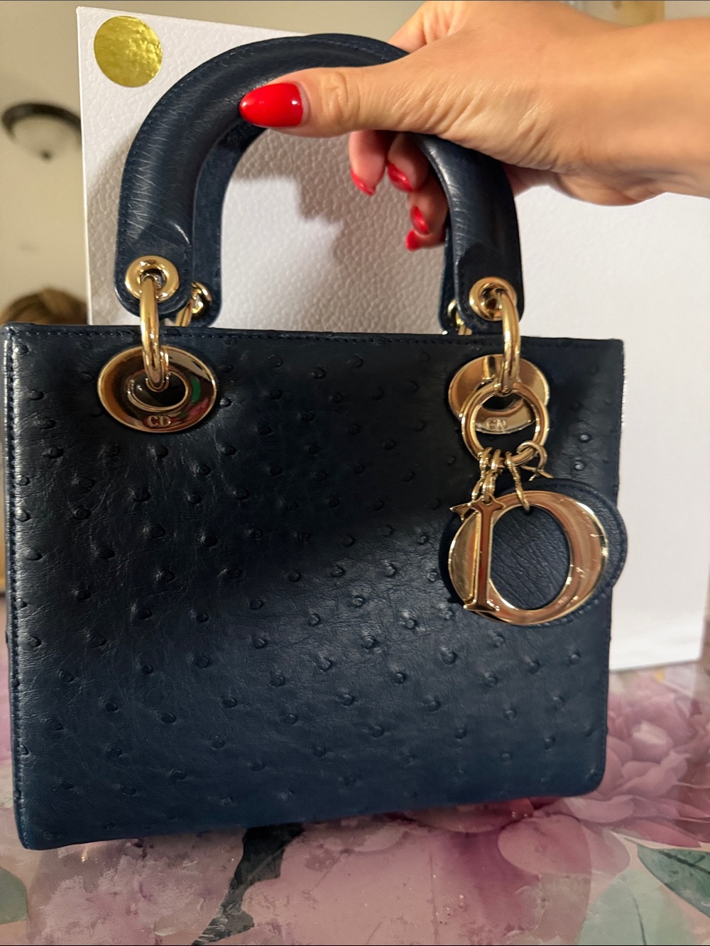 Dior Navy small lady  Dior Tote with Gold Hardware ostrich leather